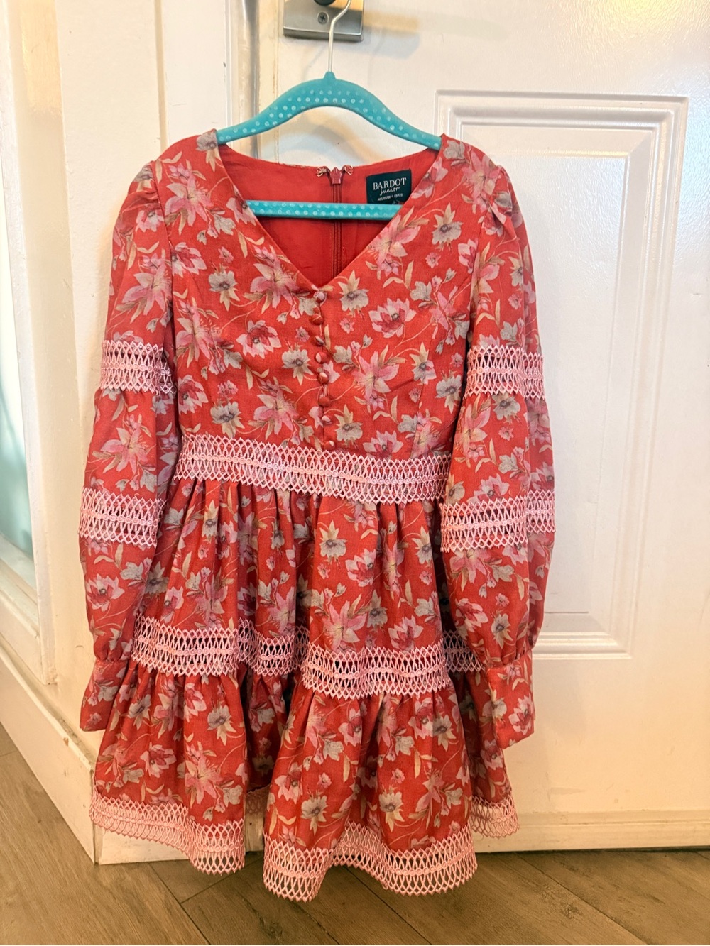Bardot Coral Floral Lace-Tiered Dress
